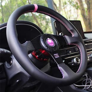 New 14-inch Car Pink Steering Wheel Modified Bolt Hole 70mm Flat @M P Racing Genuine Leather Steering Wheel