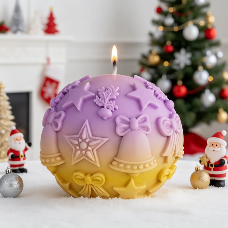 Sweet Christmas Ball Candle Mold with Embossed Bells, Snowflakes, Christmas Tree, and Reindeer Candle Plaster Ornament Mold