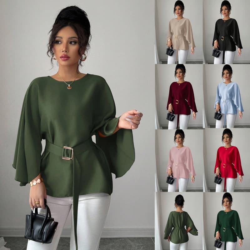 2026 Cross-border EU-US Amazon New French Vintage Flared Sleeve Round Neck Elegant Slimming Design Top
