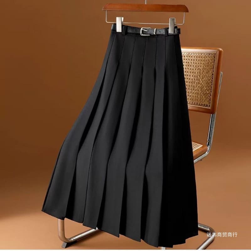 Gray Suit Mid-Long Length Half Skirt Women Autumn New Vintage Slimming A-Line Long Skirt Elegant Casual Pleated Skirt