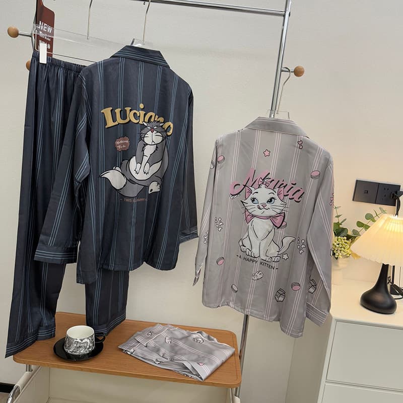 Couple Ice Silk Pajamas Women's Spring/Autumn Long Sleeve Plus Size Cartoon Set Trendy Men's Plus Size Homewear