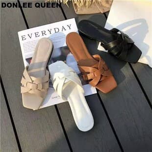 2025 European American Plus Size Export Women's Shoes Flat Heel Summer New Woven Sandals Flat One-Strap Slippers Women Cross-Border