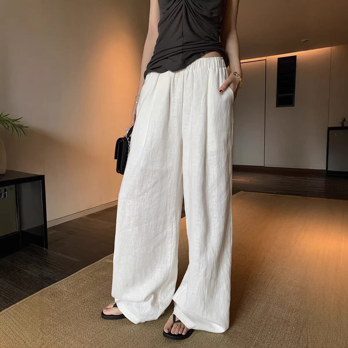 Jomi Studio This Season's Favorite White Ramie Linen Wide-Leg Pants for Women, Summer Old Money Style Cotton-Linen Casual Pants