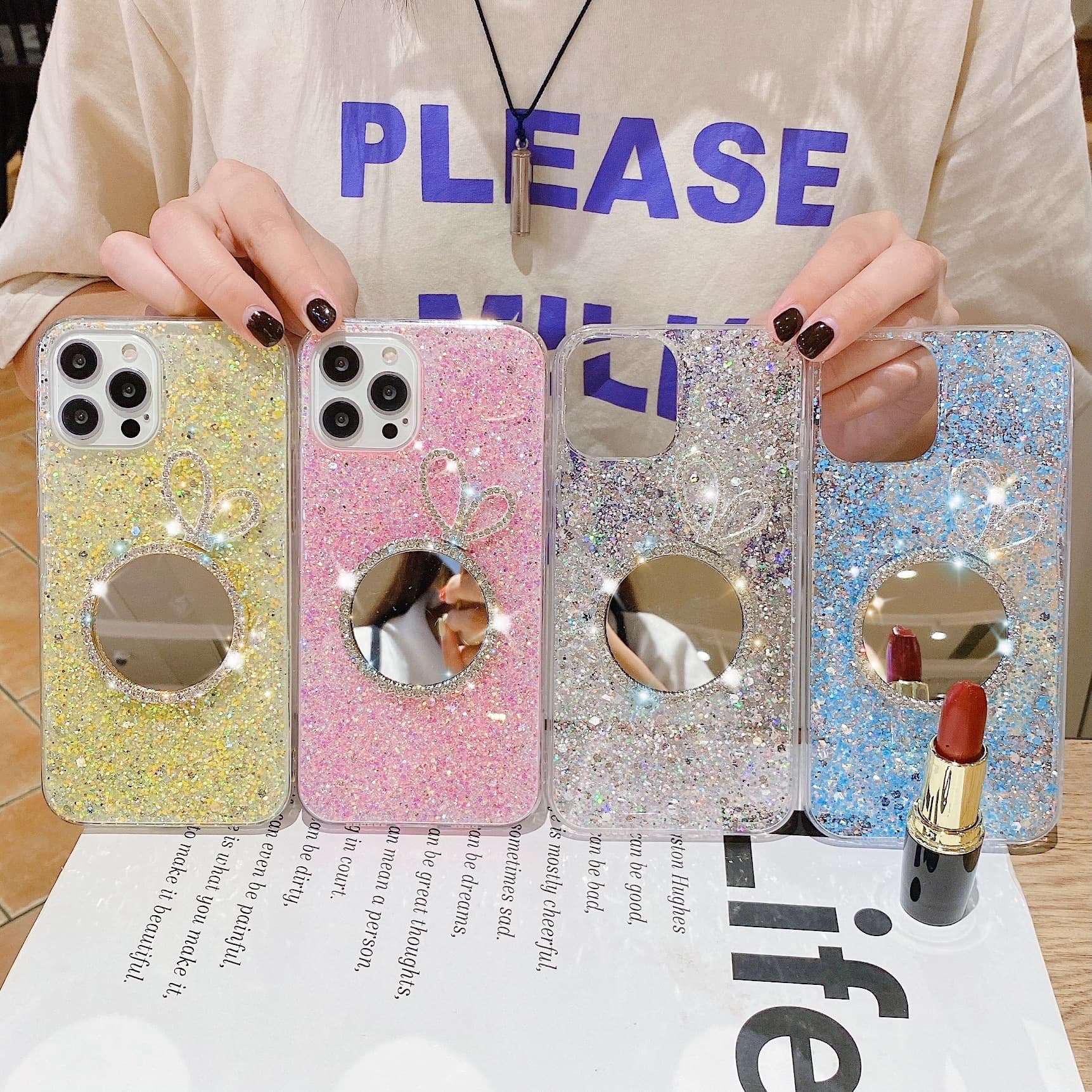 Compatible with Apple 13 Pro Glitter Sequins Phone Case, 14 Makeup Mirror 12 Silicone 16 Pro Max Bow Tie Cover