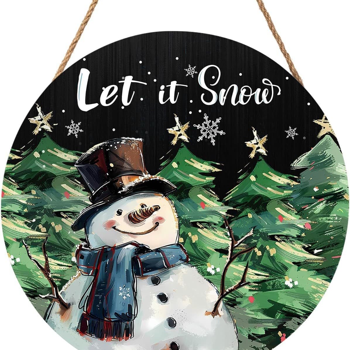 Let It Snow Snowman Sign Front Door Decoration Christmas Snowman Wooden Door Hanger for Outdoor Porch