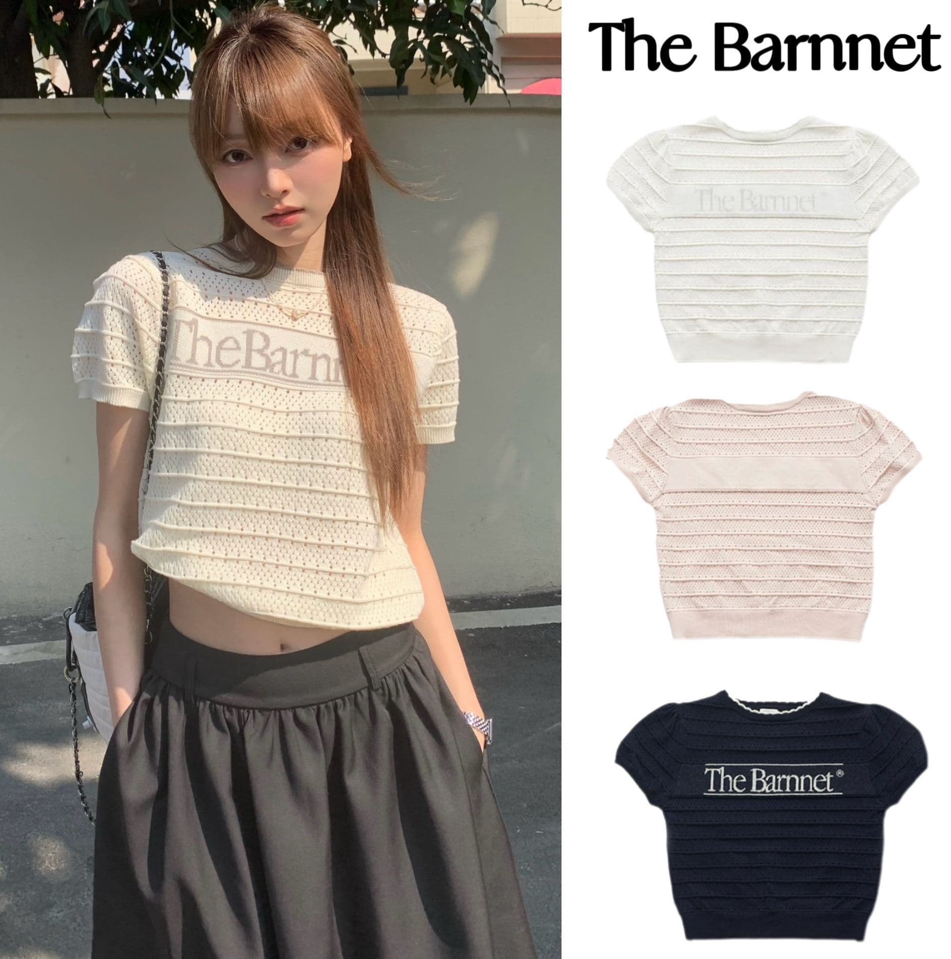 In Stock Korean Niche The Barnnet Letter Jacquard Puff Sleeve Hollow Out Knit Top Round Neck Short Sleeve T-Shirt Women