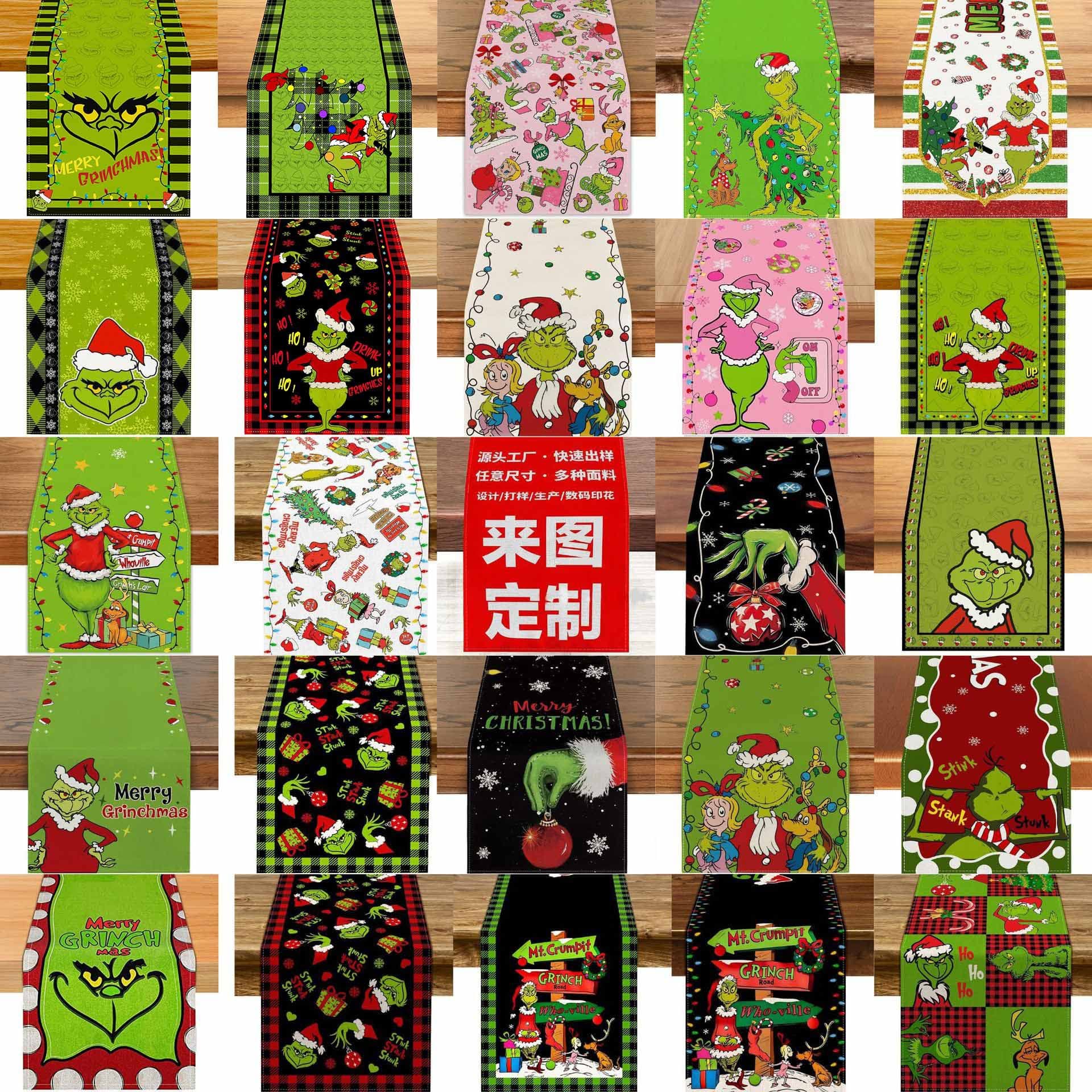 Factory direct sales popular cross-border Christmas table flag customized Grinch green furry table flag decoration oil-proof table mat