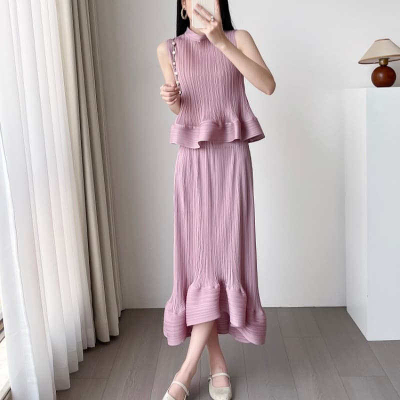 2026 Summer Pleats Please Issey Miyake Ruffle Set Women's Sleeveless Vest Top Draped Fishtail Skirt Two-Piece Set