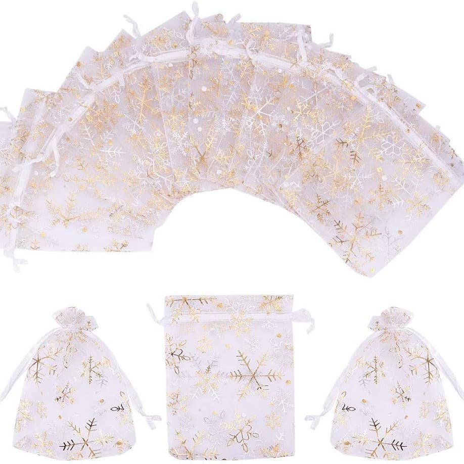 In Stock Christmas Snowflake Gold Stamping Organza Gift Bag Gift Packaging Organza Bag / Organza Gift Bag / Small Organza Mesh Bag