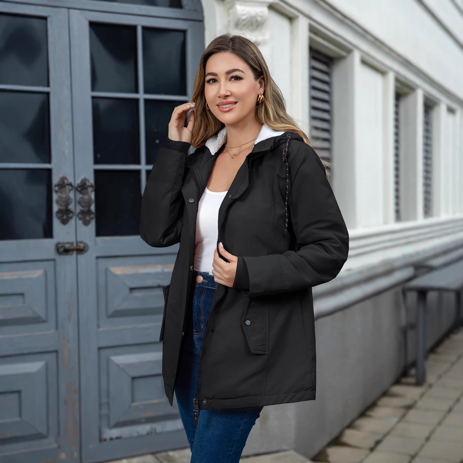 European and American women's autumn and winter long-sleeved long-sleeved zippered front pocket hooded plus velvet lining casual warm parka cotton jacket
