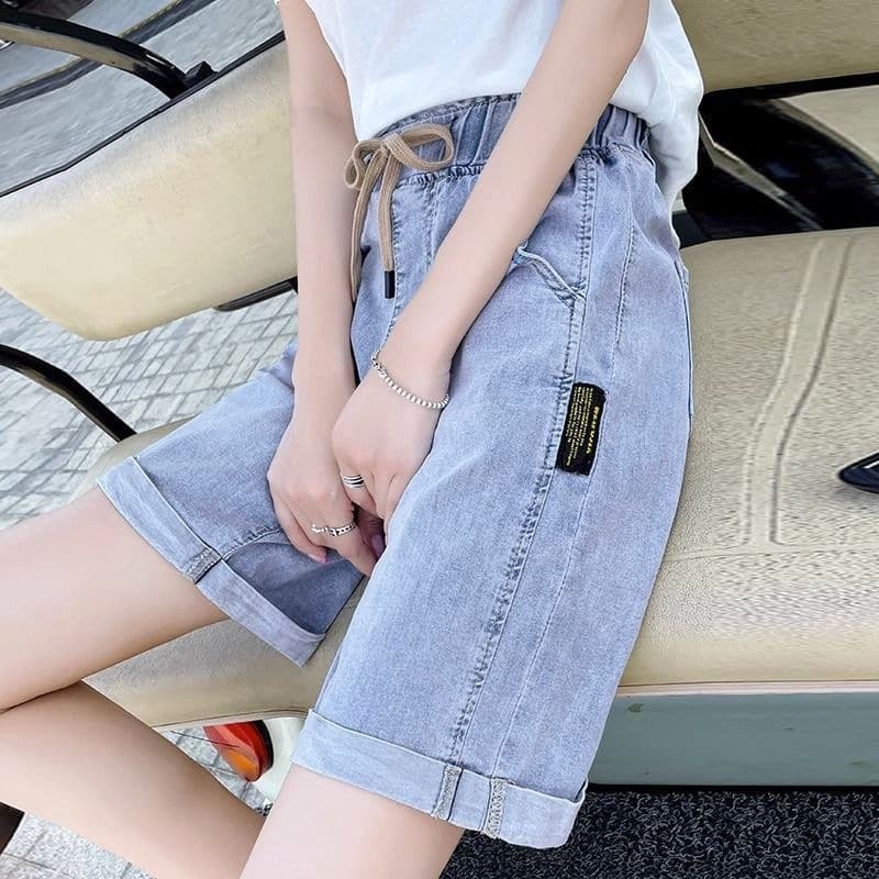 High-Waist Denim Shorts for Women Summer 2026 Thin Style, Plus Size Loose Elastic Waist Wide Leg Slimming Five-Point Shorts