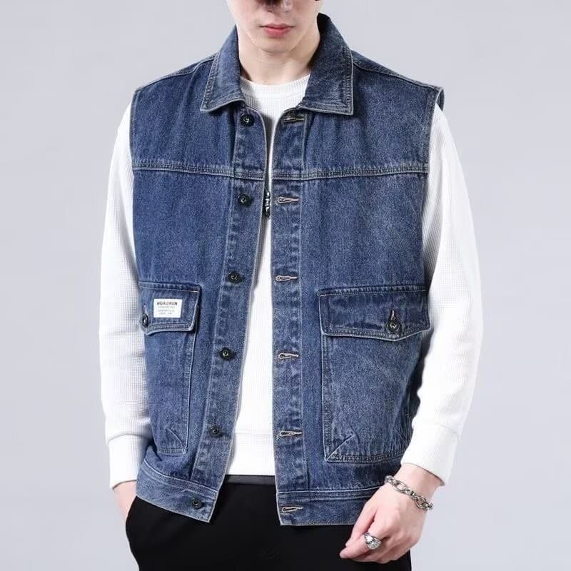 Loose Men's Denim Vest Spring Autumn American Retro Style Sleeveless Workwear Jacket Casual Trendy Brand Outerwear