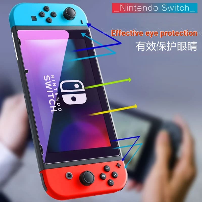 Nintendo Switch tempered glass screen protector for OLED, standard, full battery life, and Lite versions with high clarity and anti-glare.