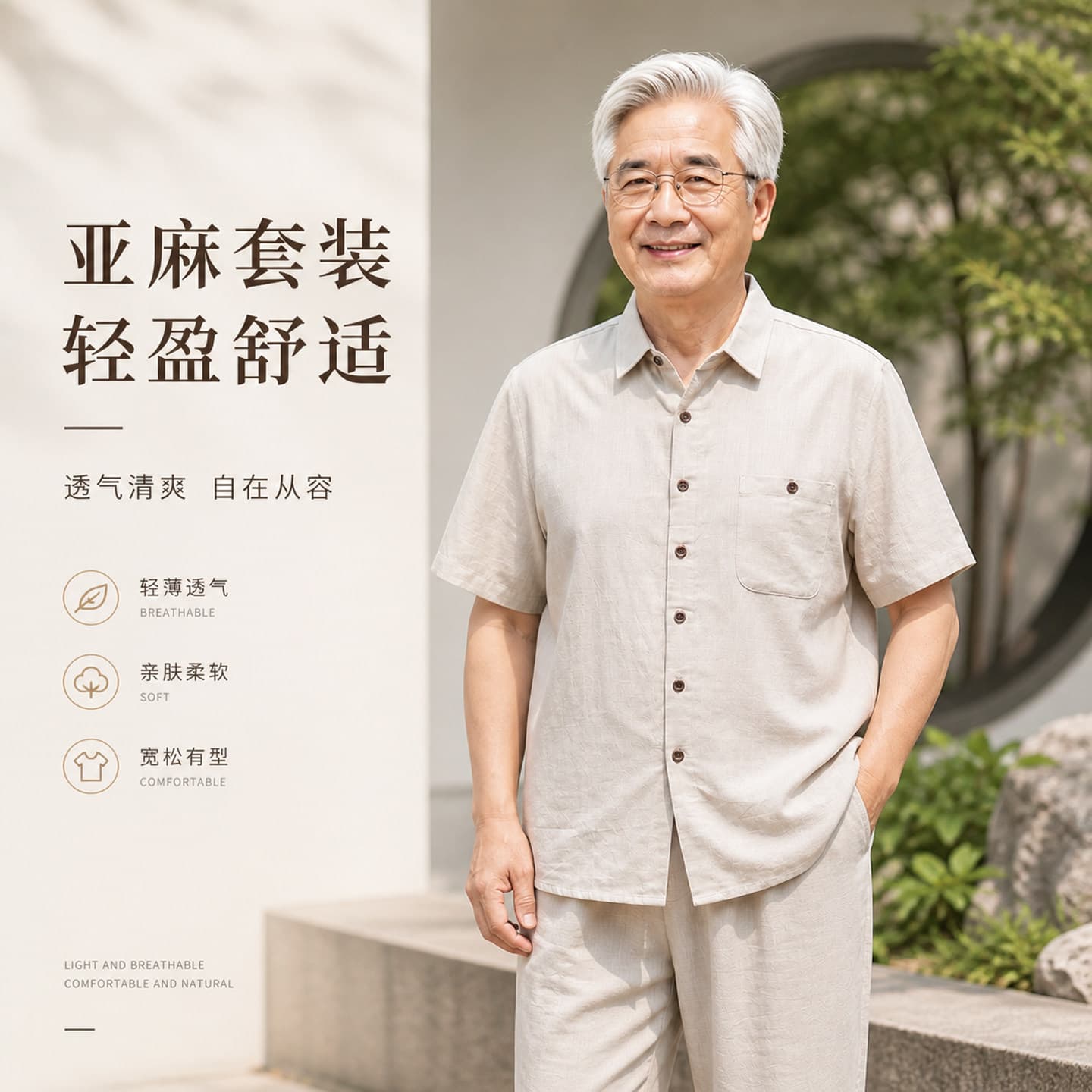 New middle-aged and elderly linen suit men's summer short-sleeved shirt two-piece dad outfit breathable loose casual grandpa outfit
