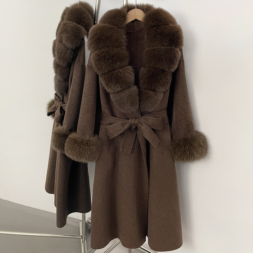 Woolen coat autumn and winter new wool coat women's oversized real fox fur collar long loose lace slim coat