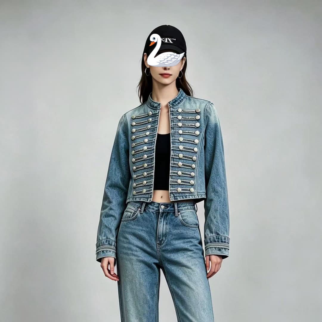 Vintage Palace Style Multi-Row Metal Button Cropped Denim Jacket for Women