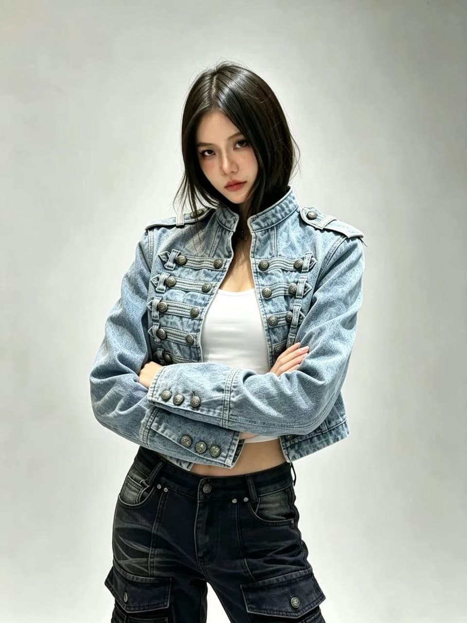 Korean Style New Court Classic Ribbed Decorative Button Design Strap Washed Denim Top Short Jacket