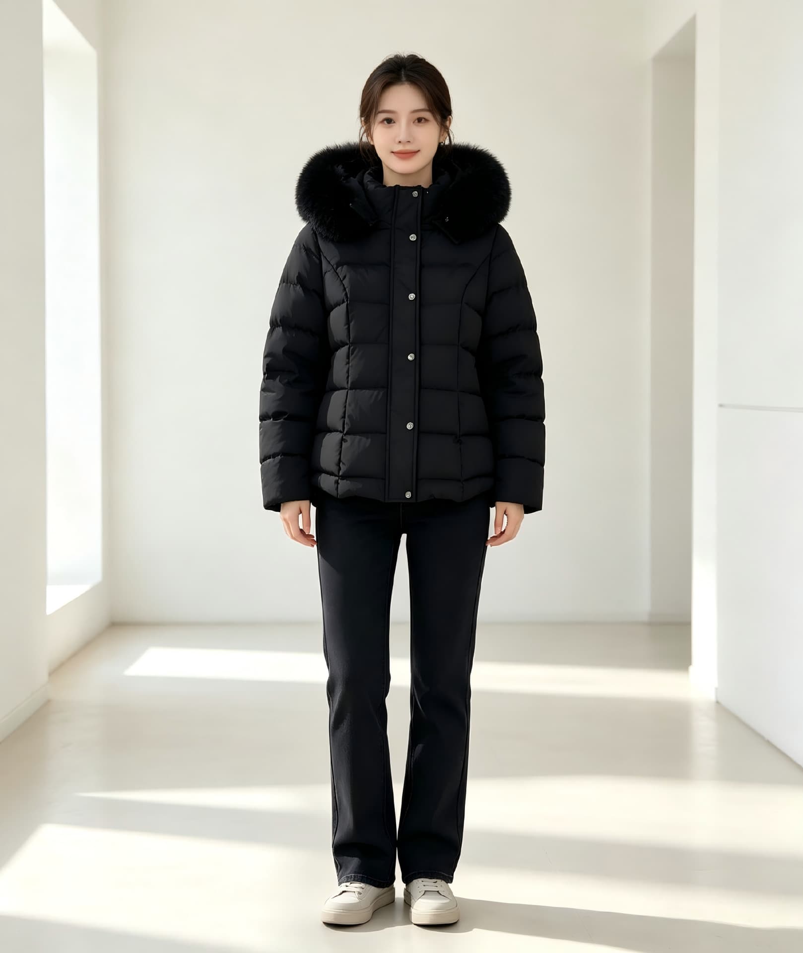 Four-Color Big Fur Collar Short Cotton Coat for Women Winter Slim Fit Checkered Quilted Hooded Warm Puffer Jacket for Petite