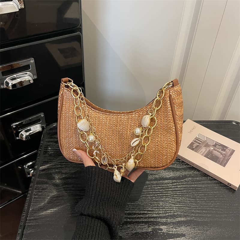 Woven armpit bag 2026 spring new fashion shoulder bag handbag beach bag straw women's bag chain bag