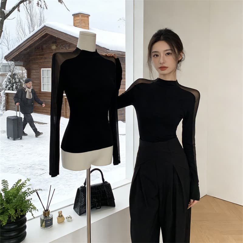 Mesh Patchwork Slimming Curve-Enhancing Top for Women, New Spring/Summer Style, Chic Tight-Fitting Long-Sleeve T-Shirt for Trendy Women