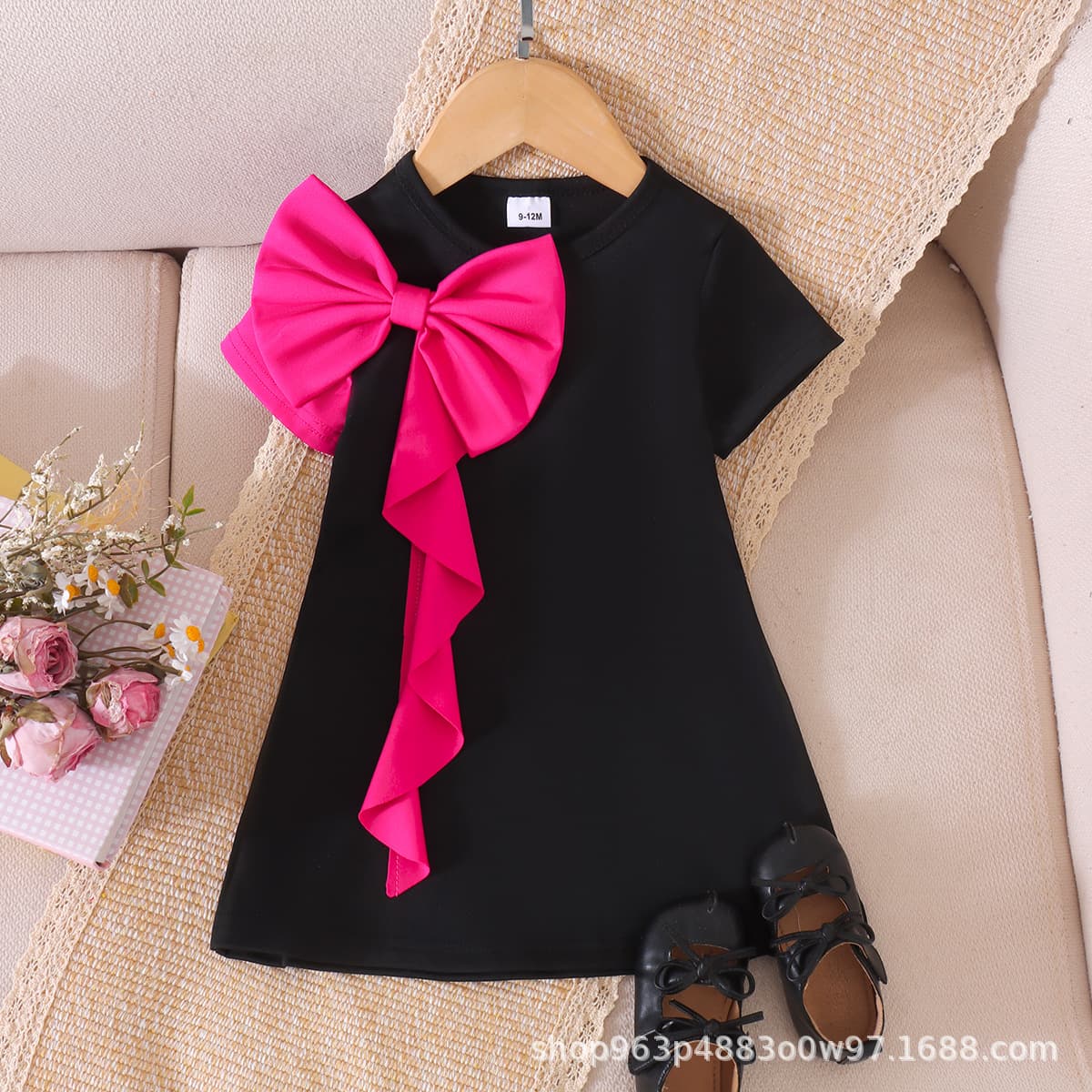 Wholesale Girls Black Short-Sleeve T-Shirt Dress 2026 Summer Korean-Style Bow Design Dress Set