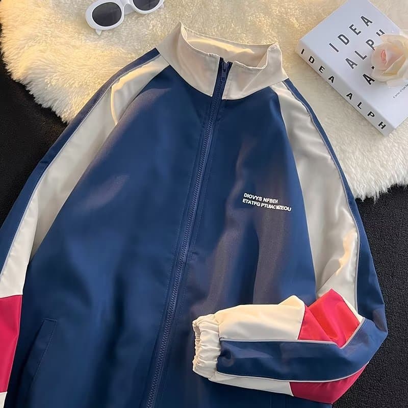 Color-blocked Windbreaker Jacket for Men Spring/Autumn Oversize Workwear Style Collarless Couple Streetwear Japanese Retro Stand Collar Coat