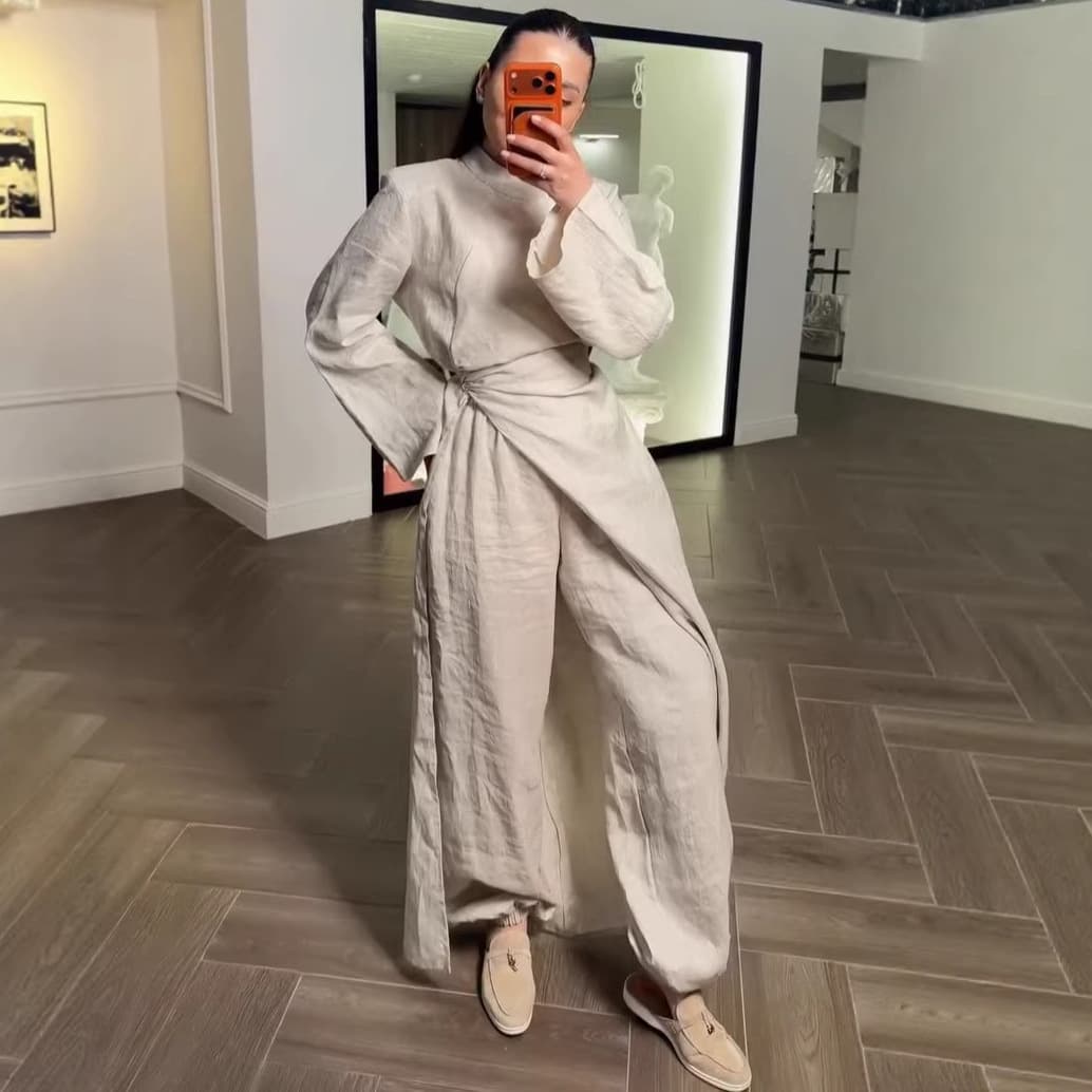 2026 Autumn New European and American Women's Round Neck Long Sleeve Tie Front Split Top Loose Wide Leg Pants Two-Piece Set