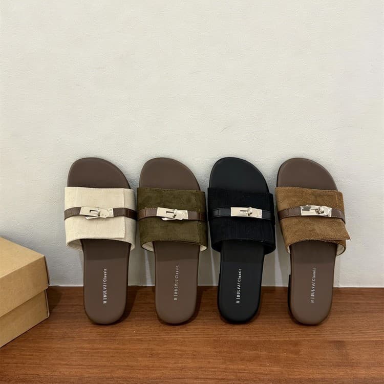 Summer Cool Silver Buckle Flat Sandals for Women 2026 Summer Lock Buckle Flat Slippers Half Slippers for Women Outdoor Wear