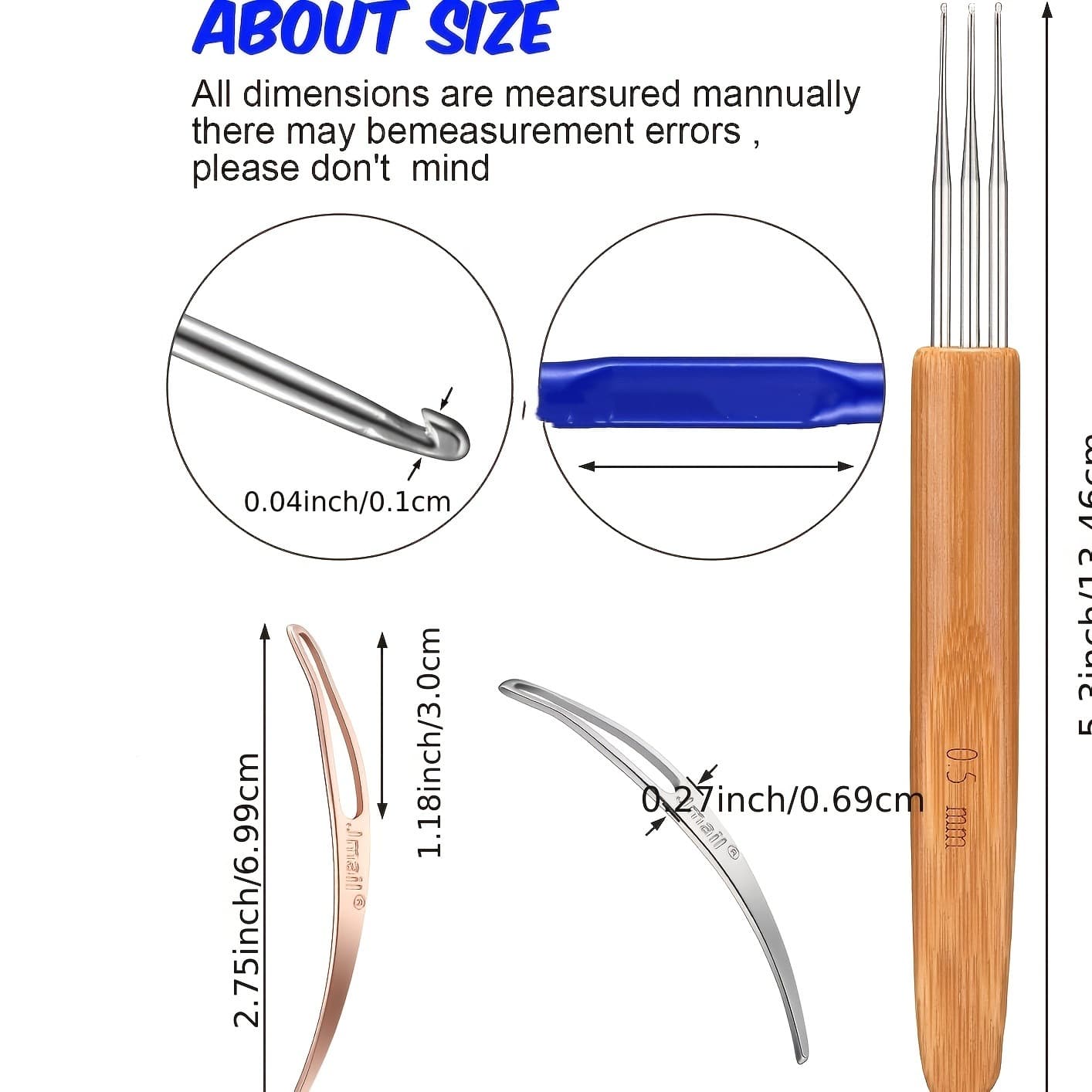 Hair extension crochet hook with stainless steel hook tip, suitable for crocheting blue hair 0.6mm-1.1mm thick.