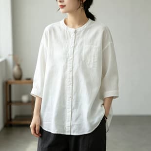 2026 Summer Cotton Linen Shirt Stand Collar Three-Quarter Sleeve White Blouse Loose Plus Size Sun Protection Top Japanese Cotton Linen Women's Clothing