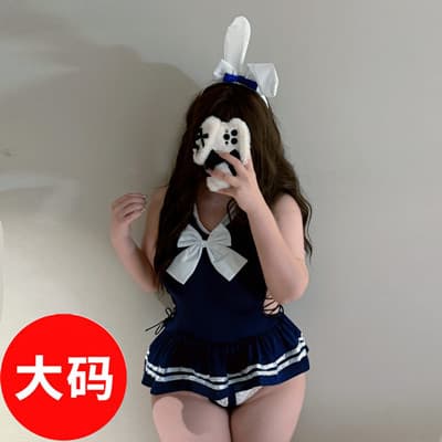 Plus size MM sexy lingerie pure desire school girl no need to take off strap one-piece dress tight cute couple navy collar