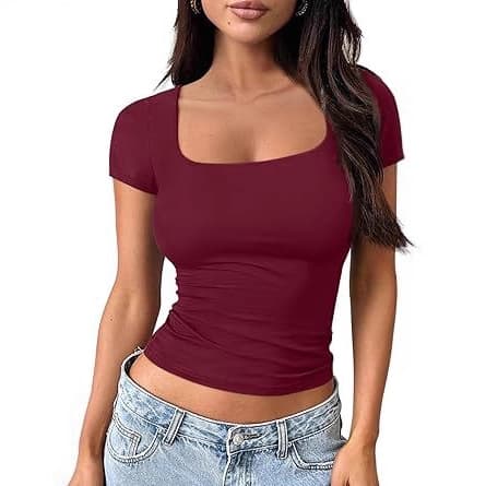 Amazon Cross-border 2026 Summer Women's Solid Color Fitted U-Neck Short Sleeve T-Shirt Skims Style Sexy Women's Top