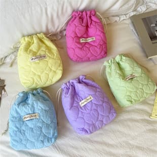 Korean Style Macaron Heart Quilted Drawstring Pouch, Cotton Lined Drawstring Storage Bag, Cosmetic Dustproof Travel Bag