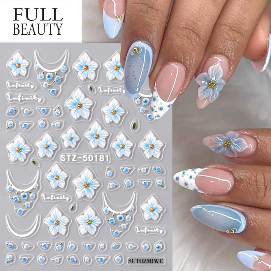New Cross-Border Nail Art Stickers, 3D Embossed Blue Floral French Style Adhesive Nail Decals