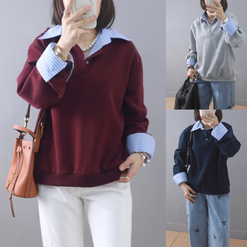 Multi-layer Korean-style faux two-piece sweatshirt for women, loose fit with spliced contrast color shirt collar, trendy