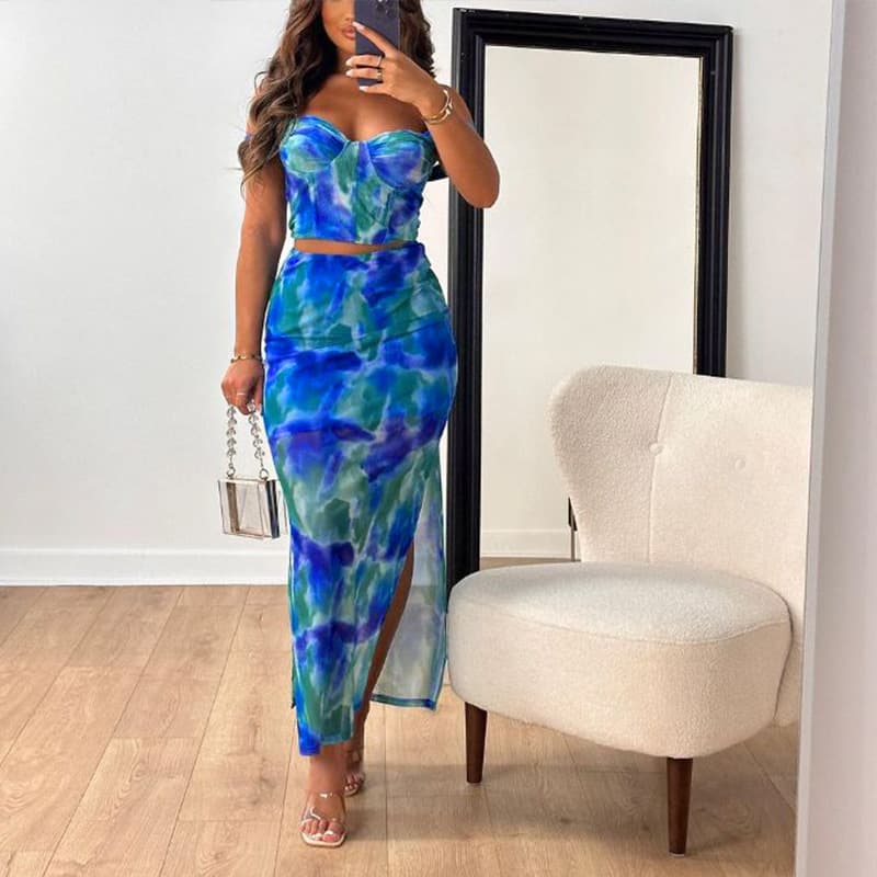 Printed Crop Top and Bodycon Long Skirt Two-Piece Set Women's European and American Style 2023 Summer New Arrival