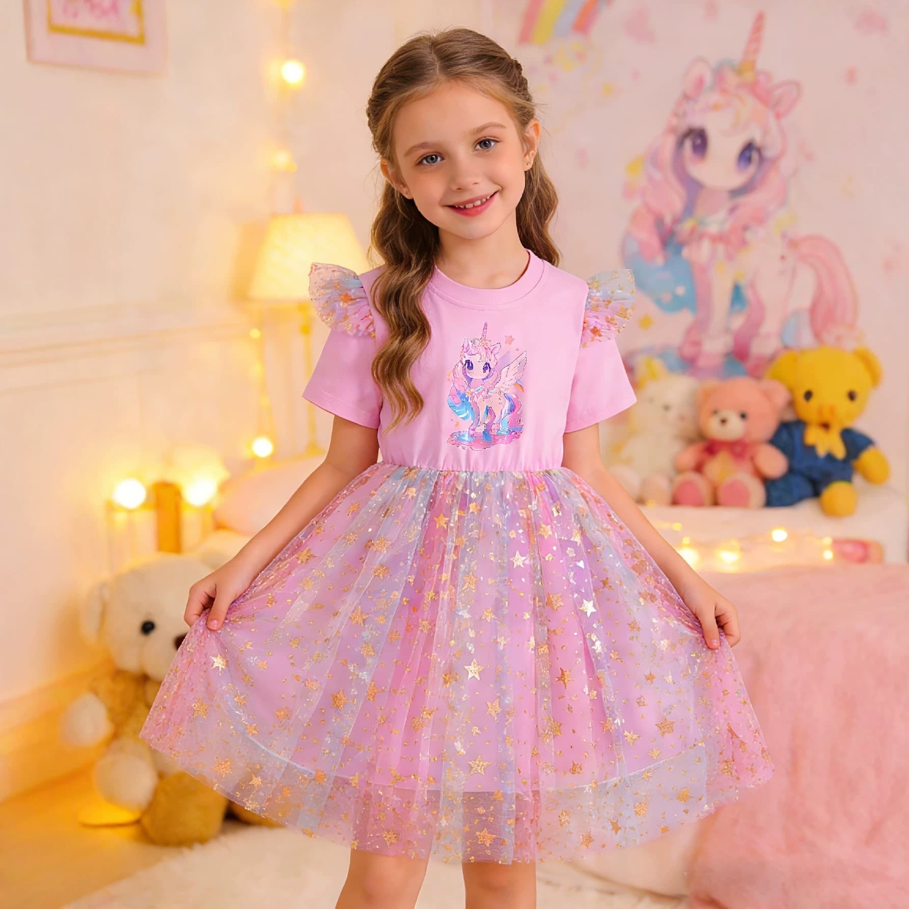 Girls' Unicorn Print Star Mesh Princess Dress Summer New Style Children's Gold Foil Sequin Flutter Sleeve Dress Trendy