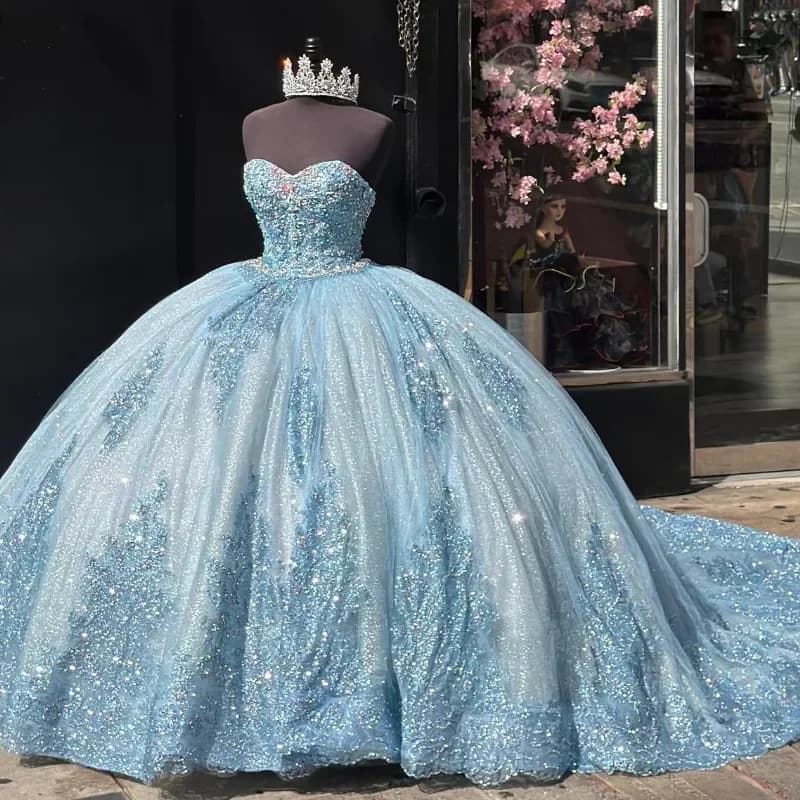 Light wedding dress tube top long tail tutu skirt female light blue dress banquet host catwalk colorful gauze dress