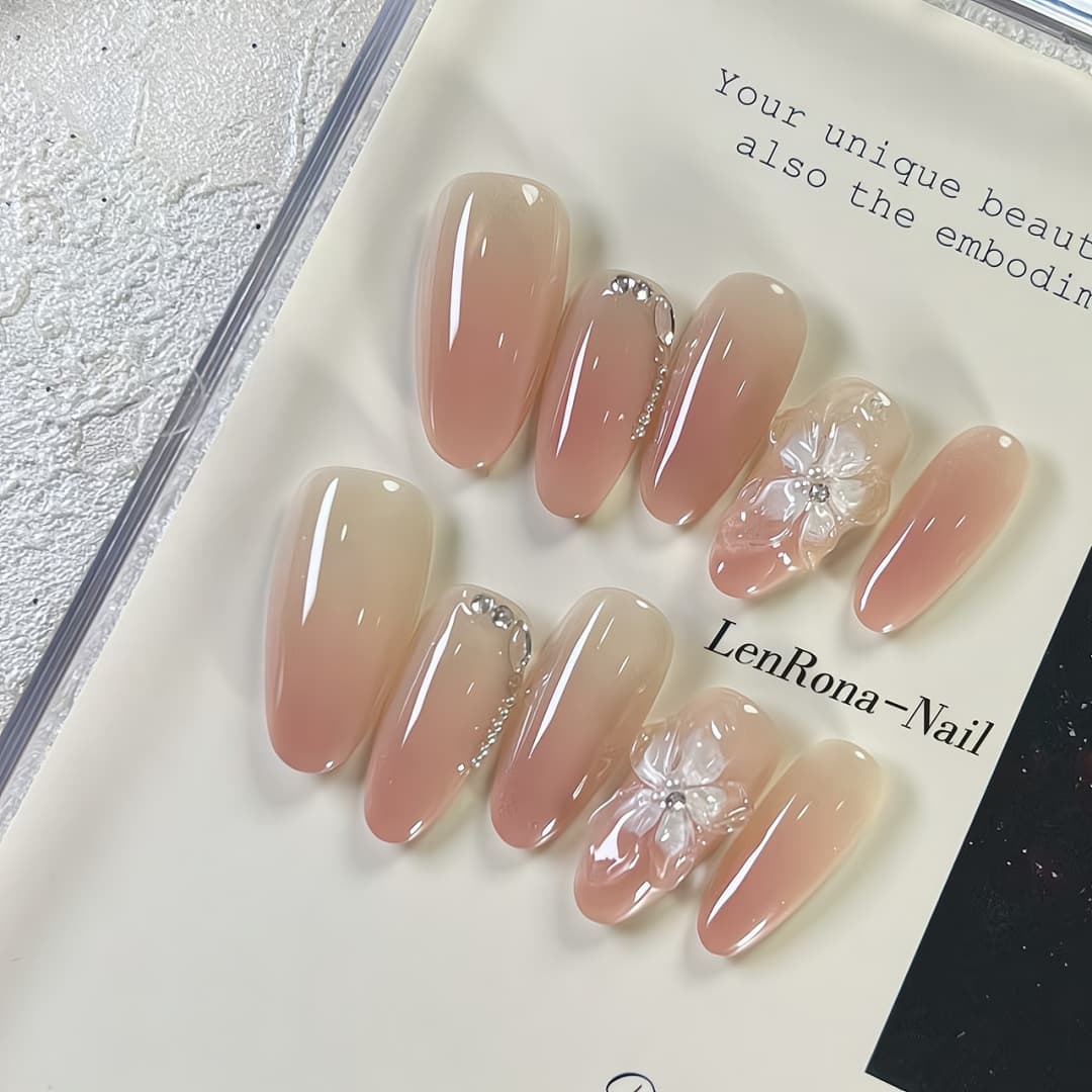 Handcrafted Blush High-Grade 3D Crushed Ice Carved Flowers Small Diamond Shiny Almond Nails Ready-to-Wear Wholesale Finished Product
