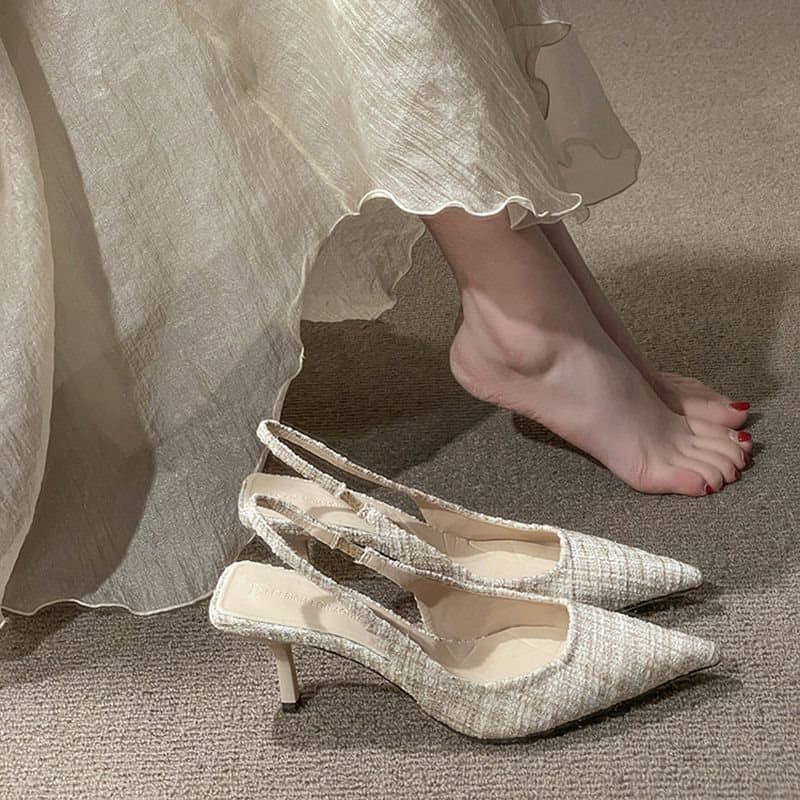 Women's Thin-Heeled Pointed-Toe High-Heel Sandals 2023 Spring Summer New Arrival Sea Salt Blue Chanel-Style French Single-Toe Mules
