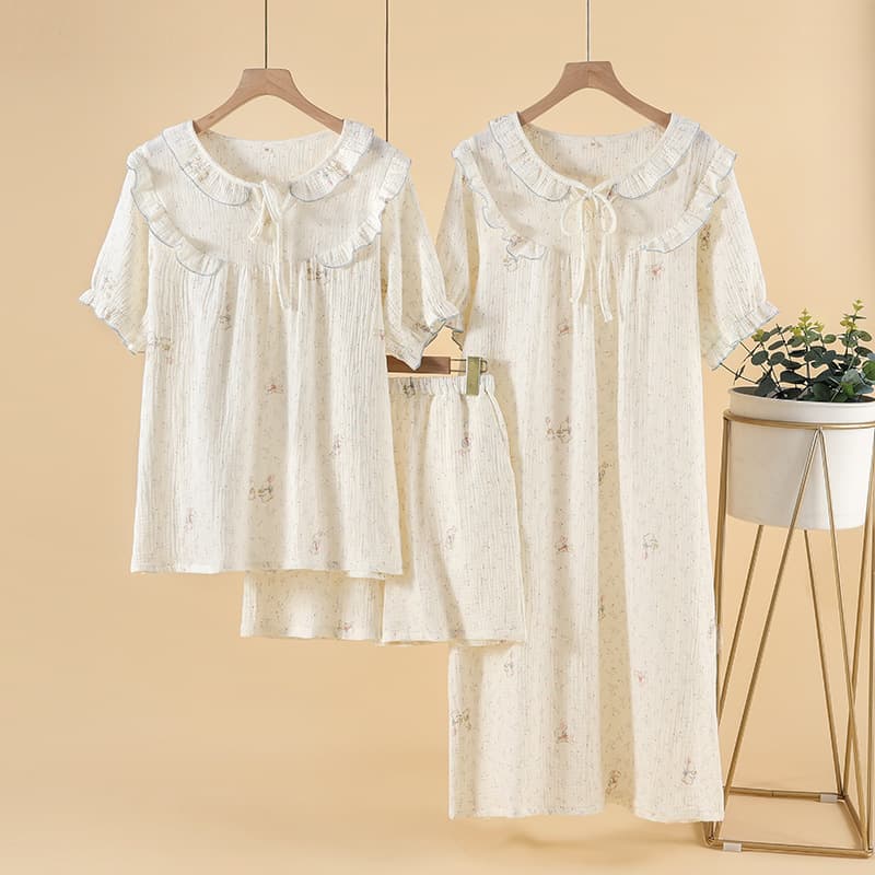 Women's Summer Cotton Double-Layer Gauze Cute Round Neck Loungewear Short Sleeve Shorts Sleep Dress Loose Homewear