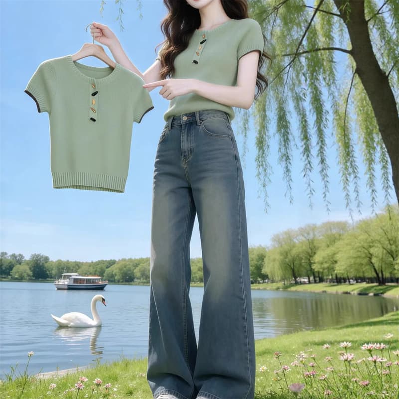 Plus Size Korean Loose Round Neck Short Sleeve Knit Top for Women 2026 Summer New Plus Size Slimming Concealing Flattering Youthful Blouse