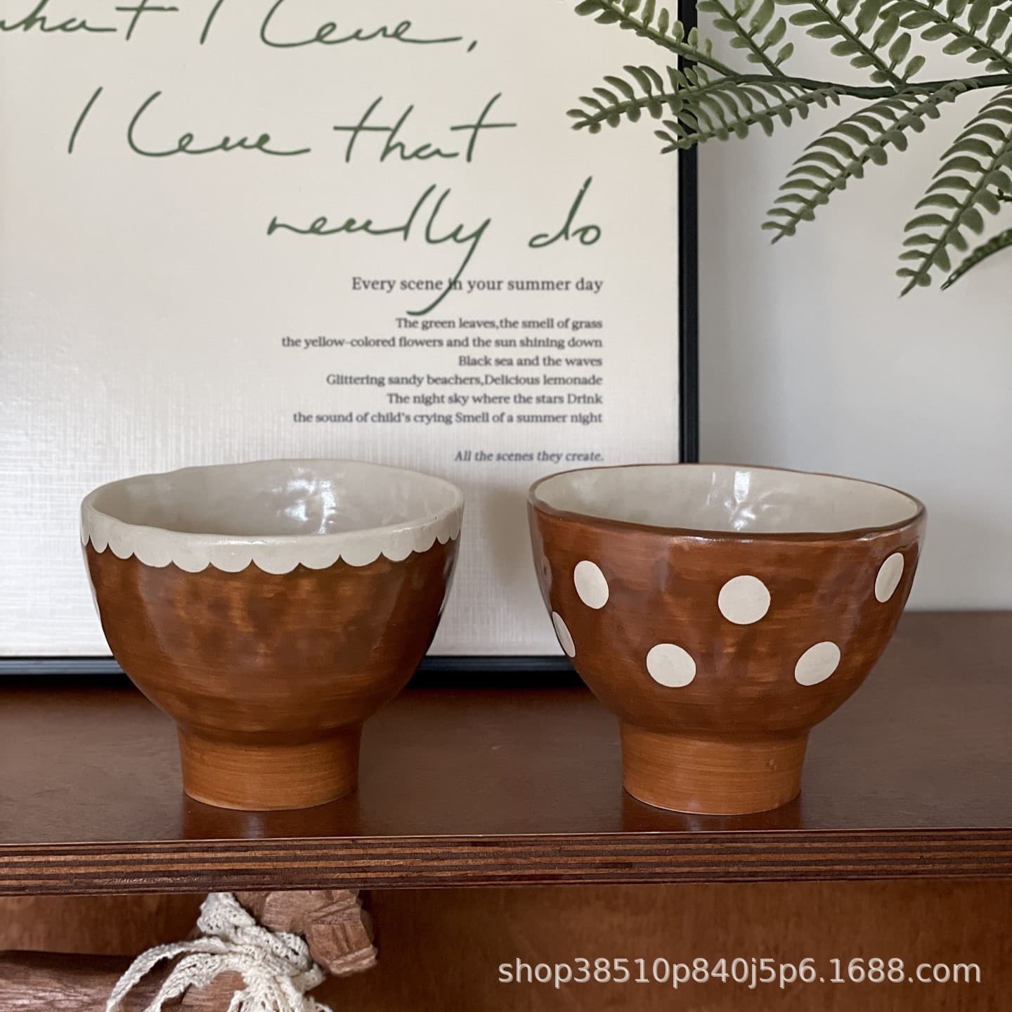 Japanese handmade brown maroon ceramic bowl tall bowl yogurt bowl polka dot lace mug rough pottery irregular