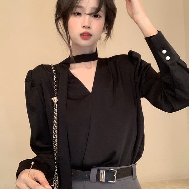 French Light Luxury Elegant Halter Neck Blouse for Women, Spring Autumn Fashion, Chic Long Sleeve Tie-Front Top with Premium Feel