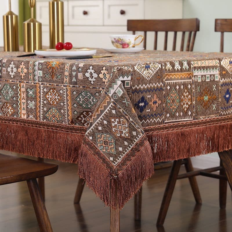 K1V American chenille tablecloth retro ethnic minority style tassel embroidery light luxury rectangular tablecloth