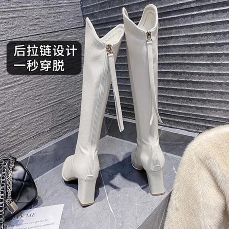 Back Zipper Boots for Women, No More Than Knee-High, Winter Velvet Warm Cotton Shoes, Thick Heels, Versatile Square Toe High Knight Boots, Trendy