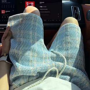 Chanel-style Blue Plaid Knitted Shorts for Men, Summer Trendy Heavyweight Casual Shorts, American Sport 4/5 Length Shorts