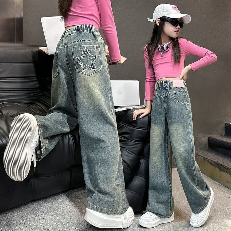 Girls' Fleece-Lined Thickened Winter Jeans, Straight-Leg, Mid-to-Big Kids, One-Piece Fleece Thermal Wide-Leg Pants
