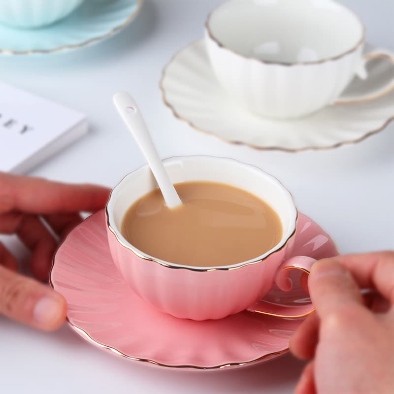 Pumpkin Gold Rim Coffee Cup and Saucer Set European Simple Ceramic Cup Ins Style Wedding Favor Cross-border Cup Wholesale