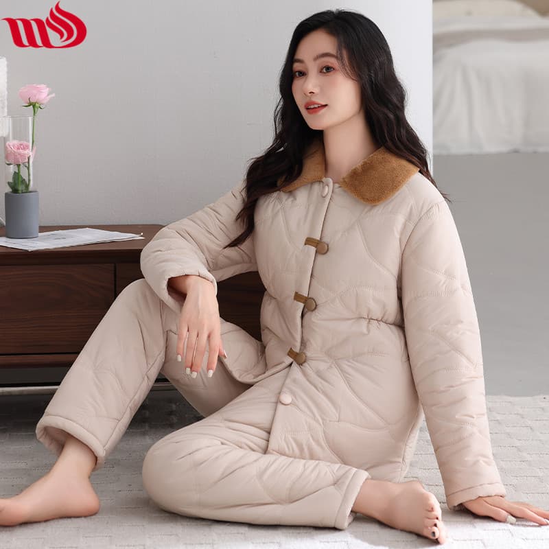 Mulong Nobles Women's Winter Coral Fleece Three-Layer Quilted Jacket Padded Homewear